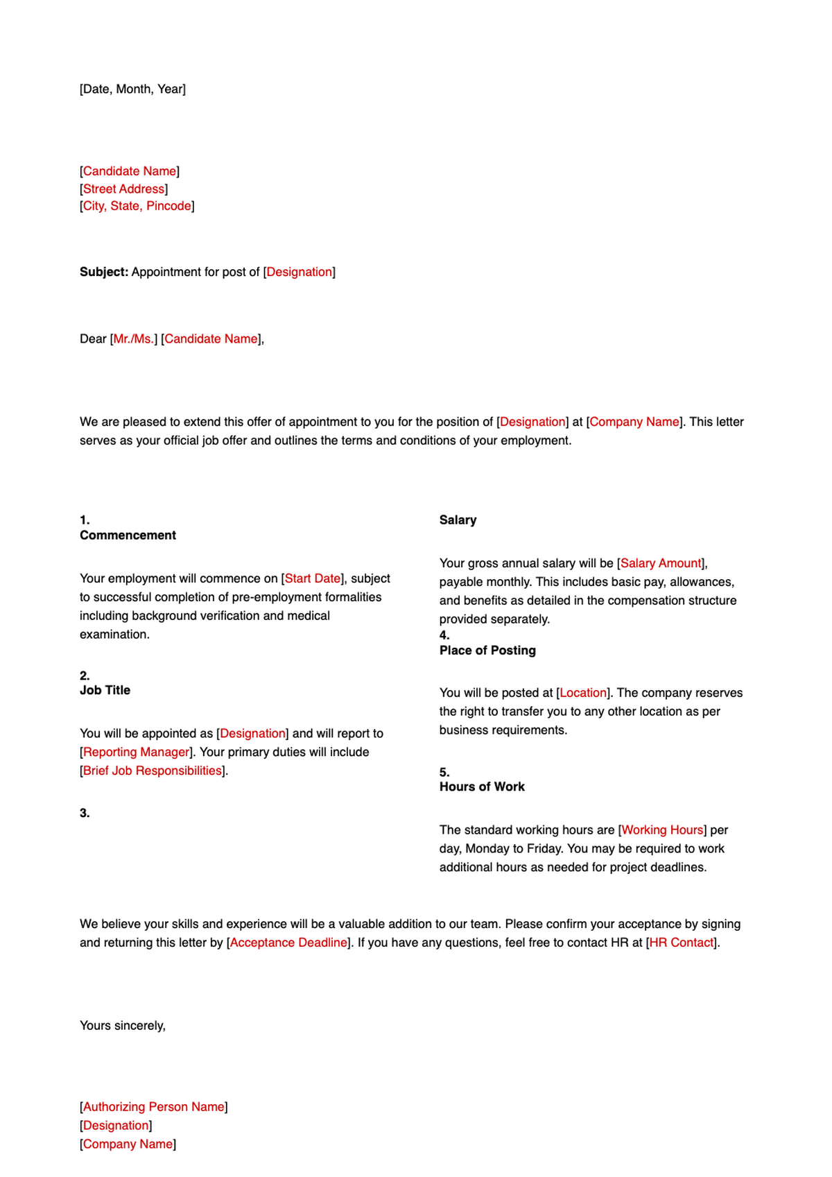 Standard job offer letter template with placeholder fields_variant_1